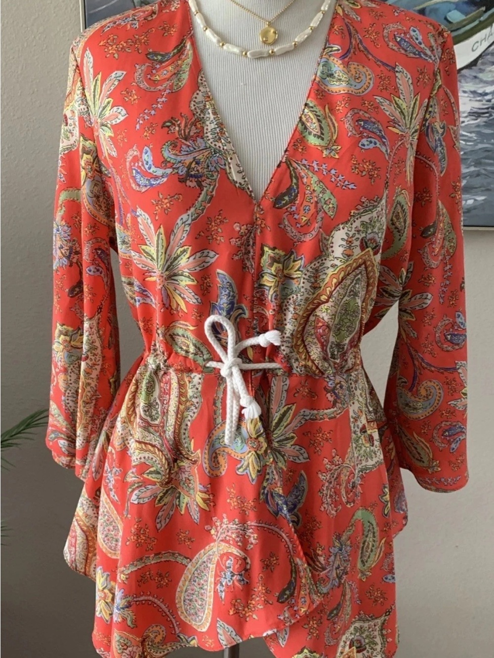 Zara Women’s Coral Paisley V-Neck paisley rope waist peplum blouse